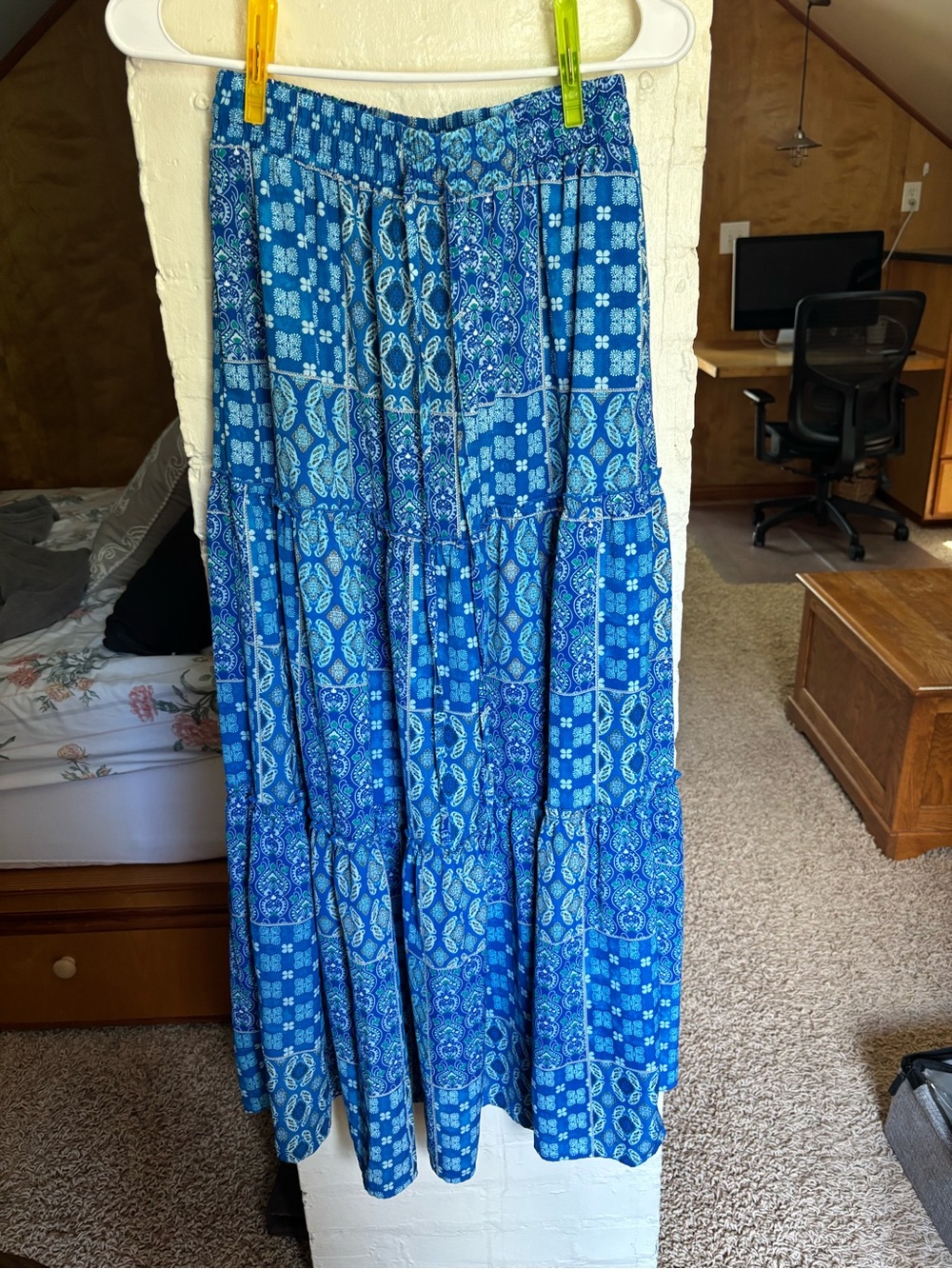 Boho Blue Patchwork Tiered Maxi Skirt